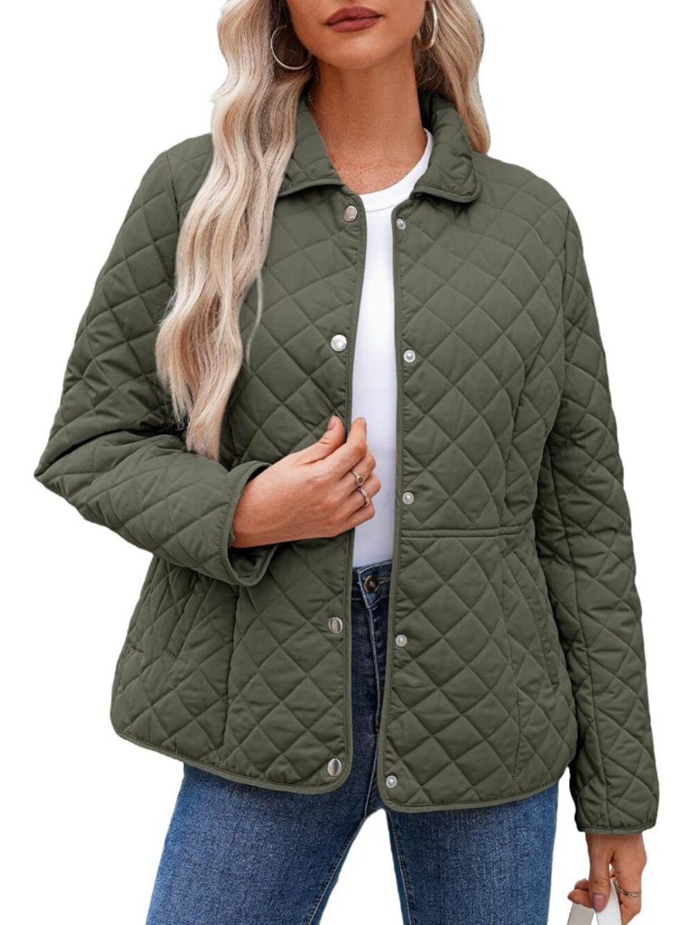 Cozy Women's Winter Quilted Puffer Jacket with Pockets, Long Sleeve, Button Down